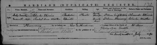 Marriage Record of Charles Scurvin to Rachel Walker -July 27, 1892 - Scurvin genealogy